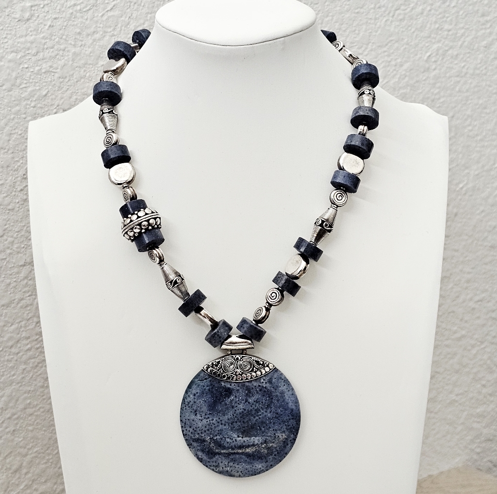 Artisan Vintage Sterling Silver Sodalite 17" Heavy Necklace With Hook Clasp